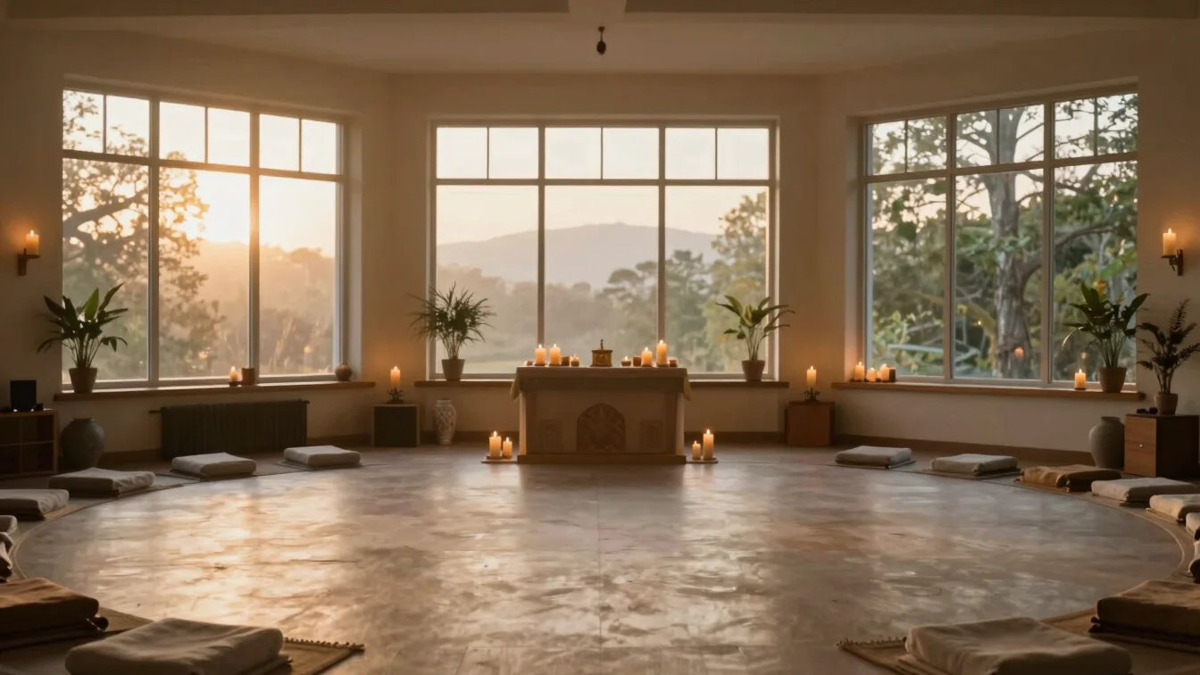 Wide panoramic view of a serene spiritual space, gentle warm sunlight filtering through large windows, soft candle light