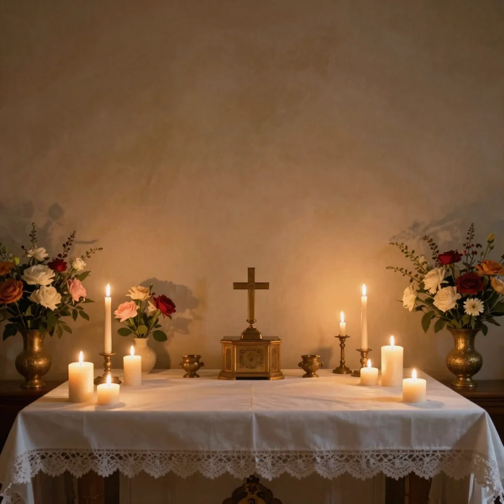 soft editorial photography of an ecumenical altar with lit candles and fresh flowers, gentle warm sunlight, serene spiri