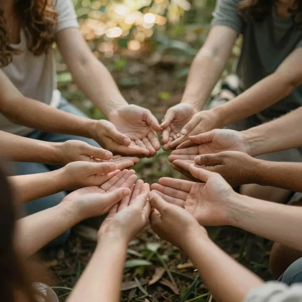 soft editorial photography of a community circle with hands united, natural light filtered through vegetation, serene sp