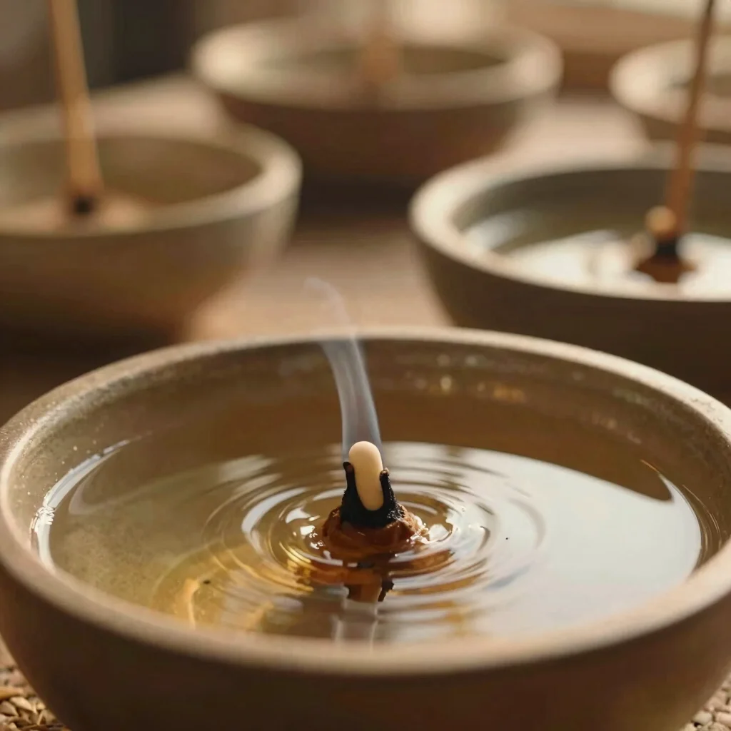 soft editorial photography of natural elements like water in a bowl and incense burning, close-up, gentle warm sunlight,