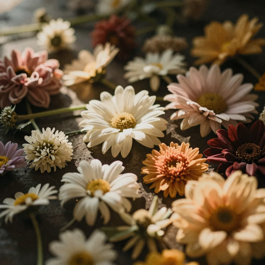 soft editorial photography of various flowers arranged with subtle sacred elements, close-up, gentle warm sunlight, sere