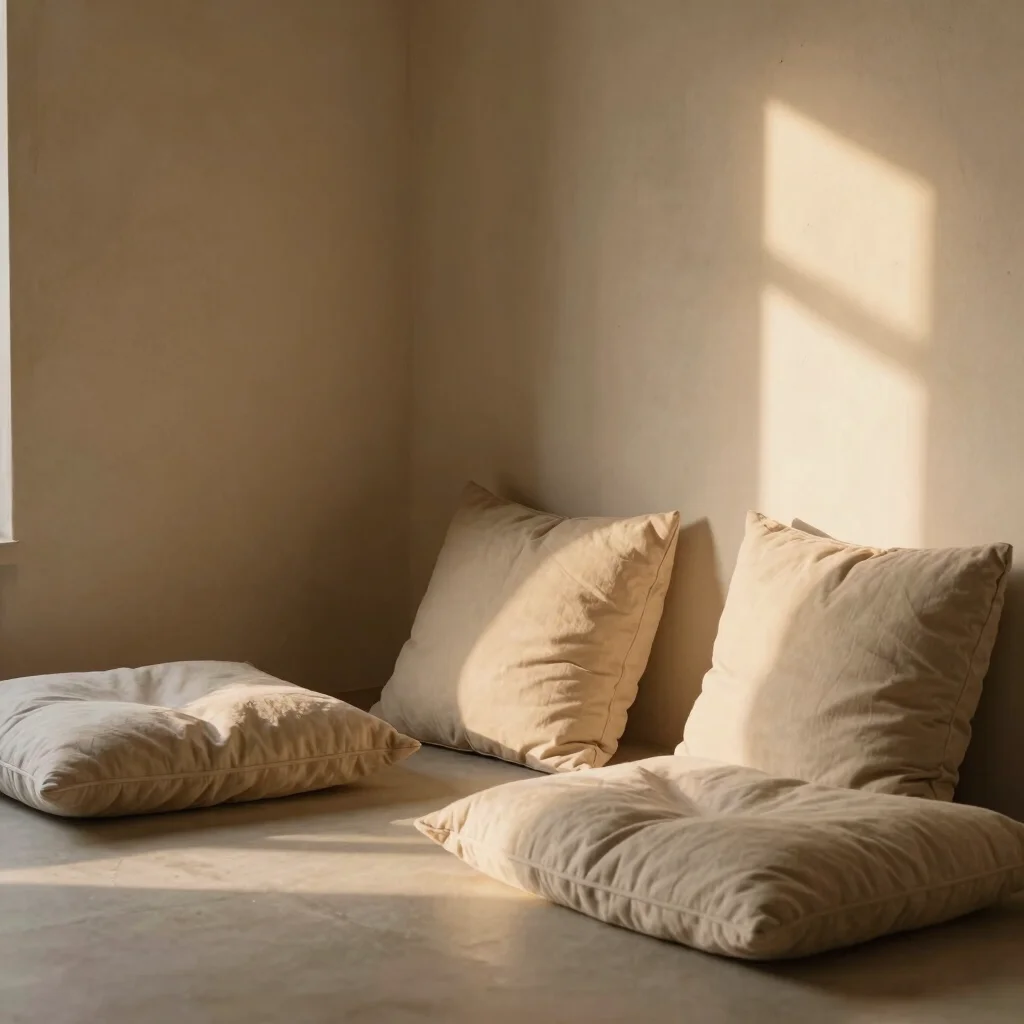 soft editorial photography of a quiet corner with cushions and soft textiles, bathed in natural light, ready for meditat